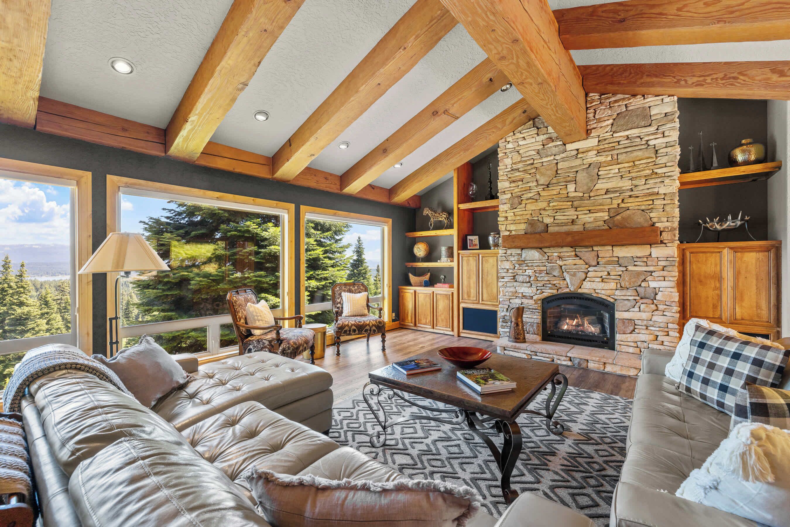 Télévision, cheminée, livres, espaces bureaux