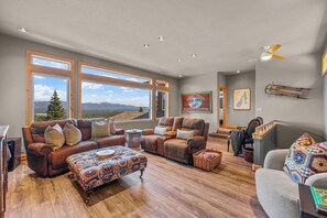 TV, fireplace, books, offices