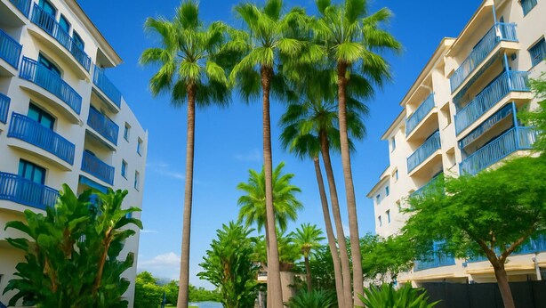 A hotel courtyard with palm trees, a clear sky, and a pathway. - Charming Beachfront Apartment in Estepona with Wi-Fi (Estepona)