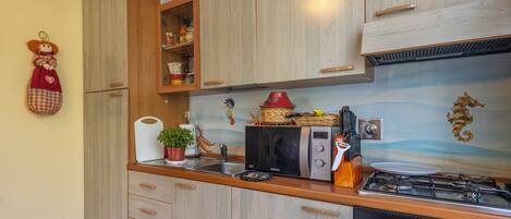 Una cocina con armarios de madera, un microondas, una estufa a gas y un caballito de mar decorativo en la pared.