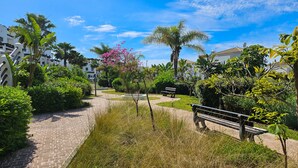 Un sentier dallé, agrémenté de bancs, bordé d’une végétation luxuriante et de palmiers.