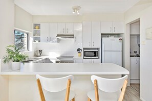A modern kitchen with white cabinetry, a central island, two white chairs, and a potted plant.