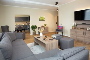 Télévision, table de tennis de table, livres, chaîne hi-fi