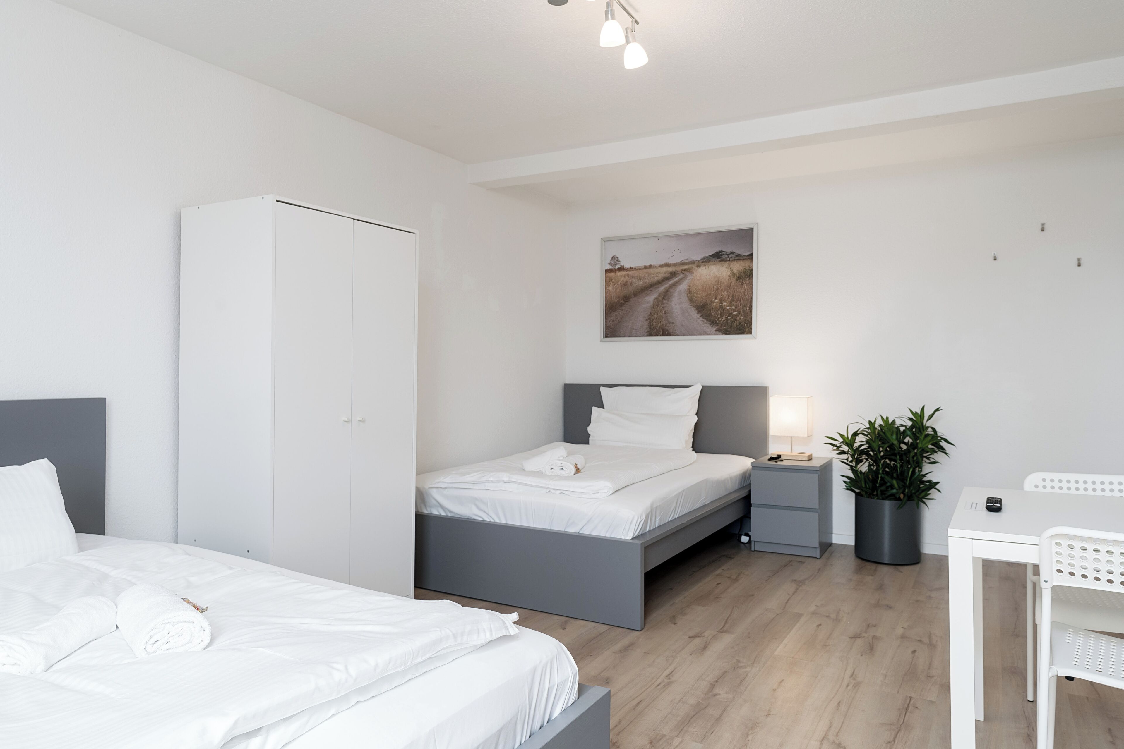 A modern bedroom with two beds, a desk, a chair, a nightstand, and a potted plant.