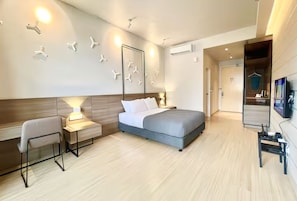 Desk, laptop workspace, free WiFi, bed sheets