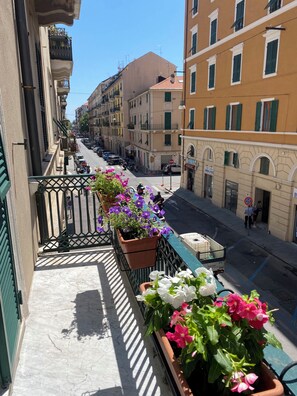 Un balcone adornato da vasi fioriti, vista su una strada con auto parcheggiate e palazzi con balconi e finestre.