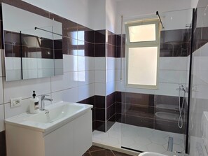Shower, hair dryer, bidet, towels