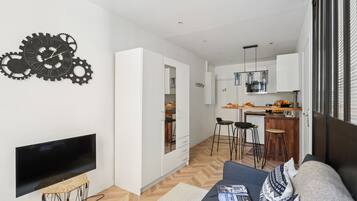 Apartamento urbano, 1 cama de casal e sofá-cama, para não fumantes | Área de estar | Smart TV 40 polegadas com canais via satélite