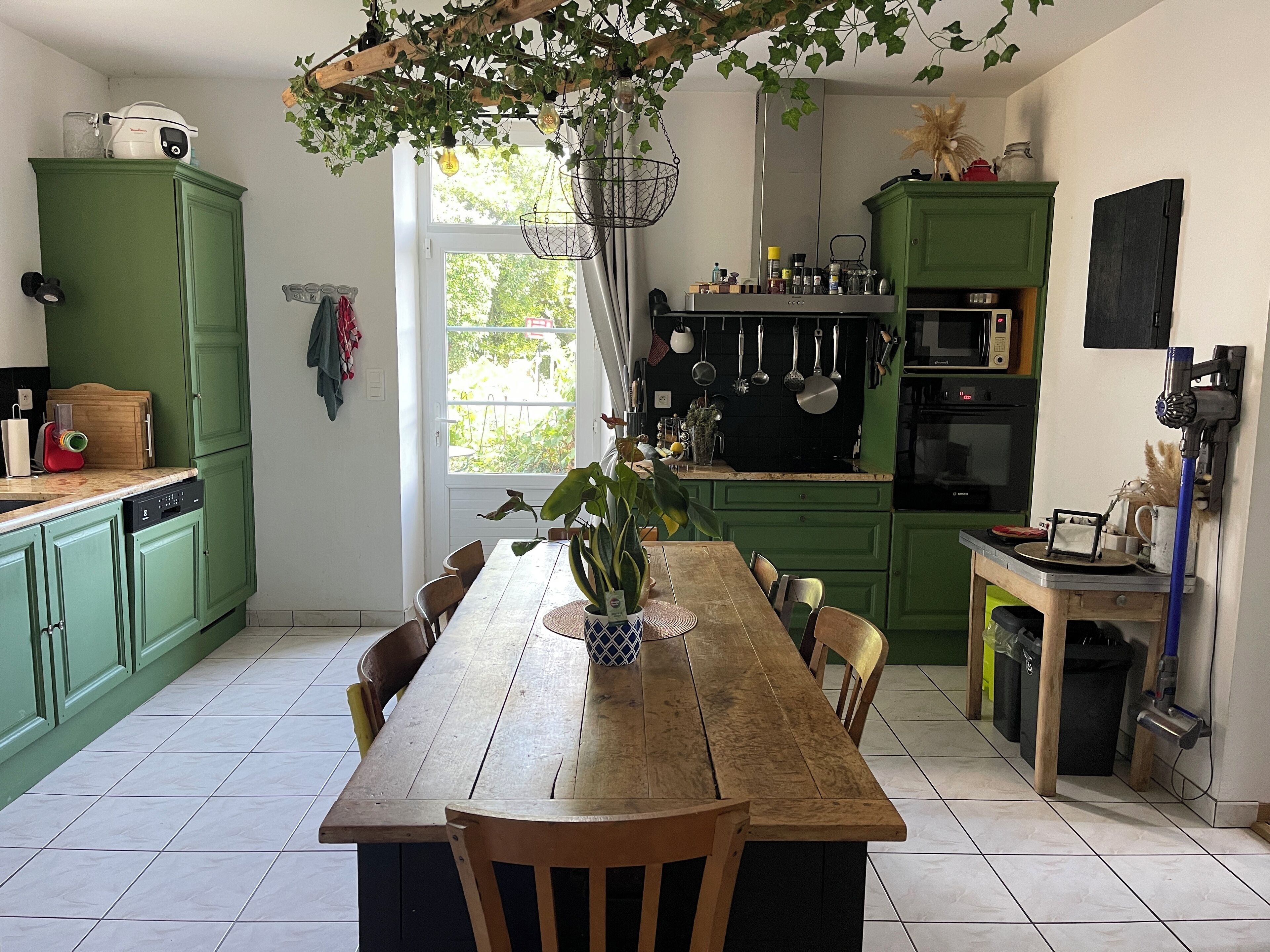 Una cocina con armarios verdes, una mesa de comedor de madera y una planta colgante.