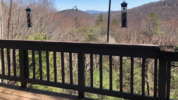 Eine Holzterrasse mit Metallgeländern und Blick auf eine bewaldete Gegend mit Hügeln in der Ferne.