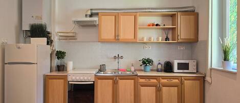 Fridge, microwave, oven, stovetop