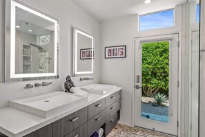 Shower, hair dryer, shampoo