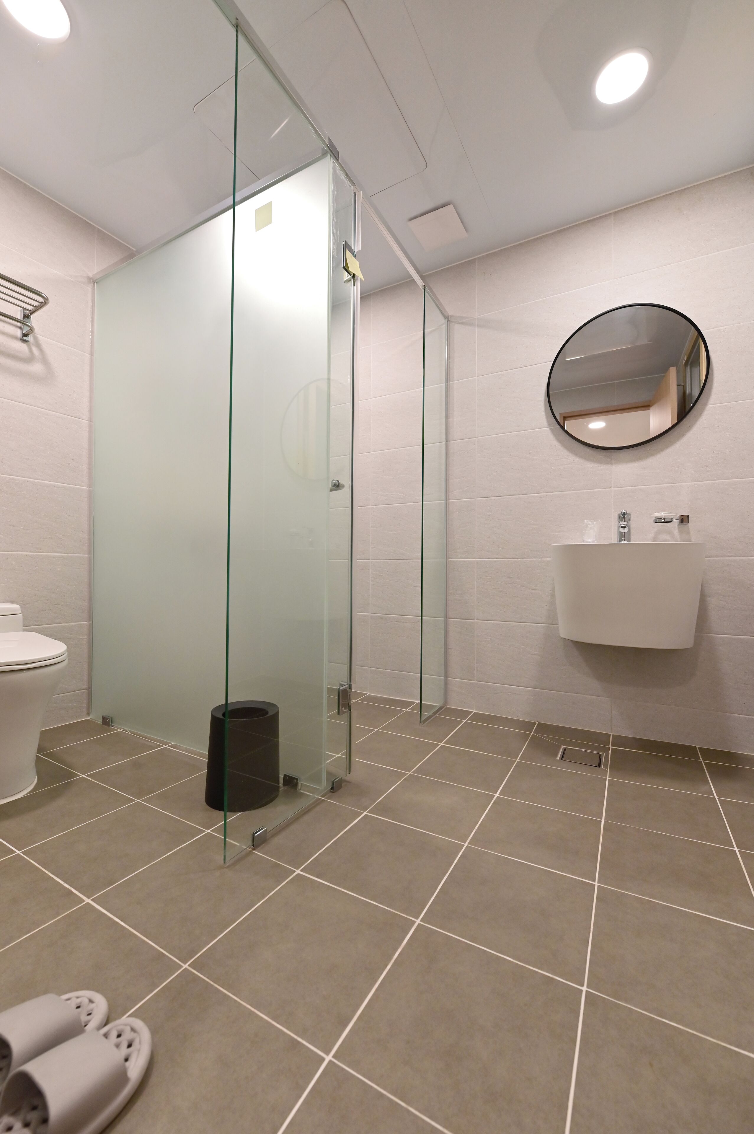 A modern bathroom with a glass-enclosed shower, a white sink with a mirror, and a toilet.
