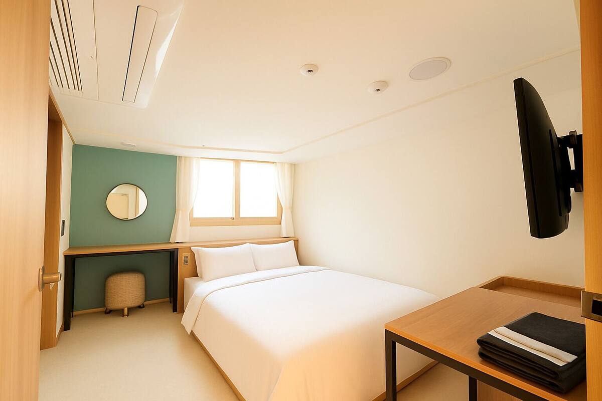 A modern hotel room with a single bed, a desk, a chair, a round mirror, and a TV.