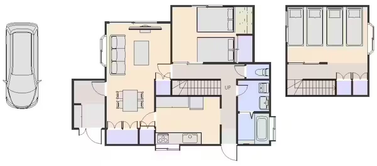 Een plattegrond van een hotel met een parkeerplaats, meerdere slaapkamers, een keuken en een badkamer.