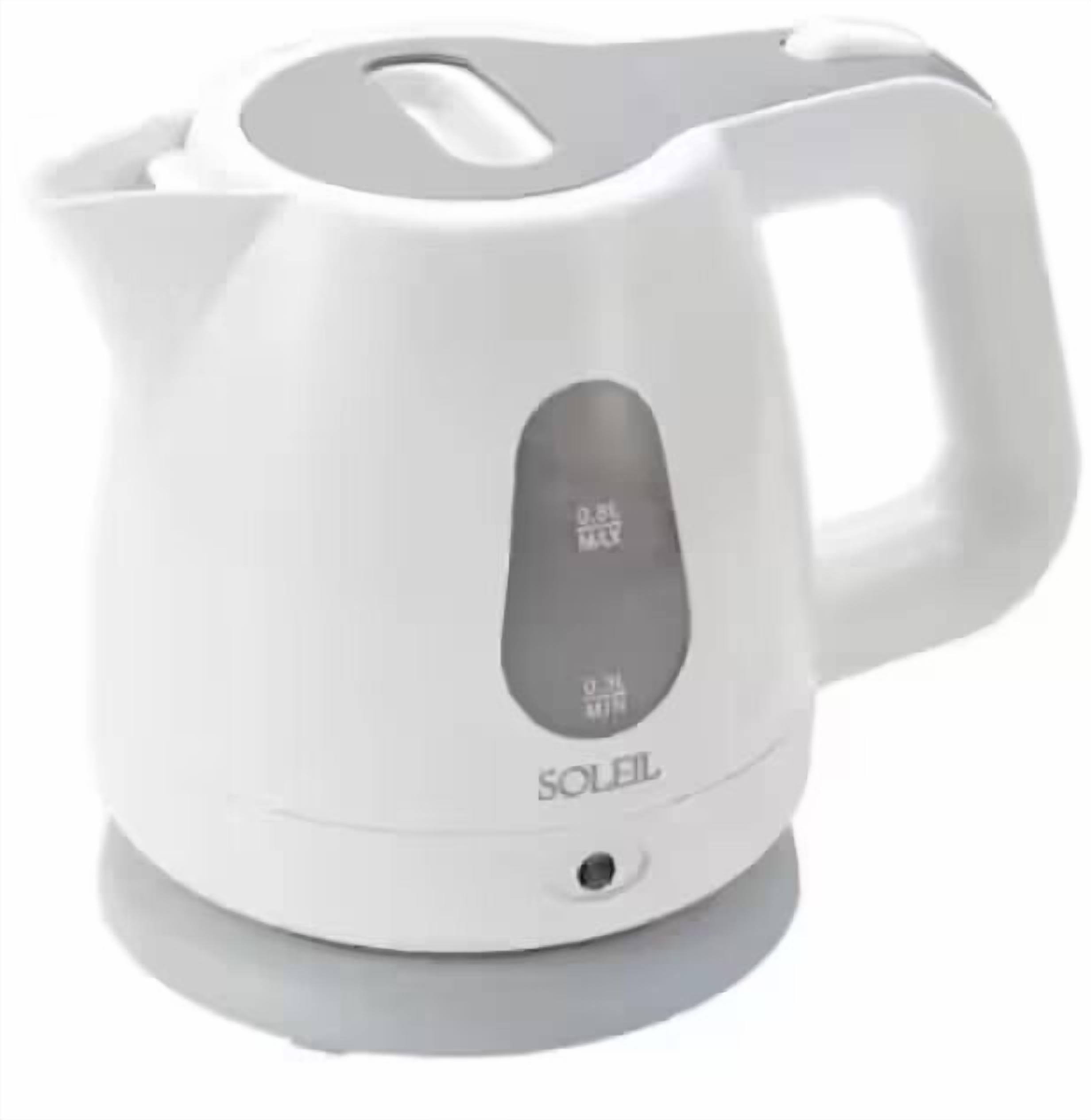 A white electric kettle with a handle and a control panel.