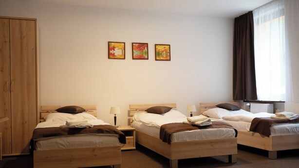 A hotel room with two single beds, a wardrobe, and three framed artworks on the wall. - Lopušná dolina Resort (Lučivná)