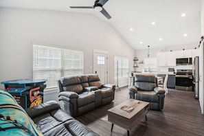 Smart TV, fireplace, video games, DVD player