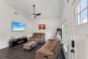 Smart TV, fireplace, video games, DVD player