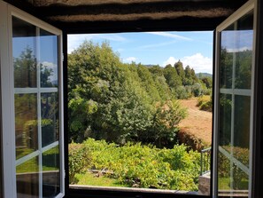 A view through a window with a stone ledge and a grassy area with trees. - Quinta da Vinha Velha · Villa with private pool & views in Minho (Viana do Castelo)