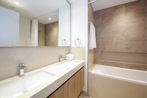 Hair dryer, bidet, towels, soap