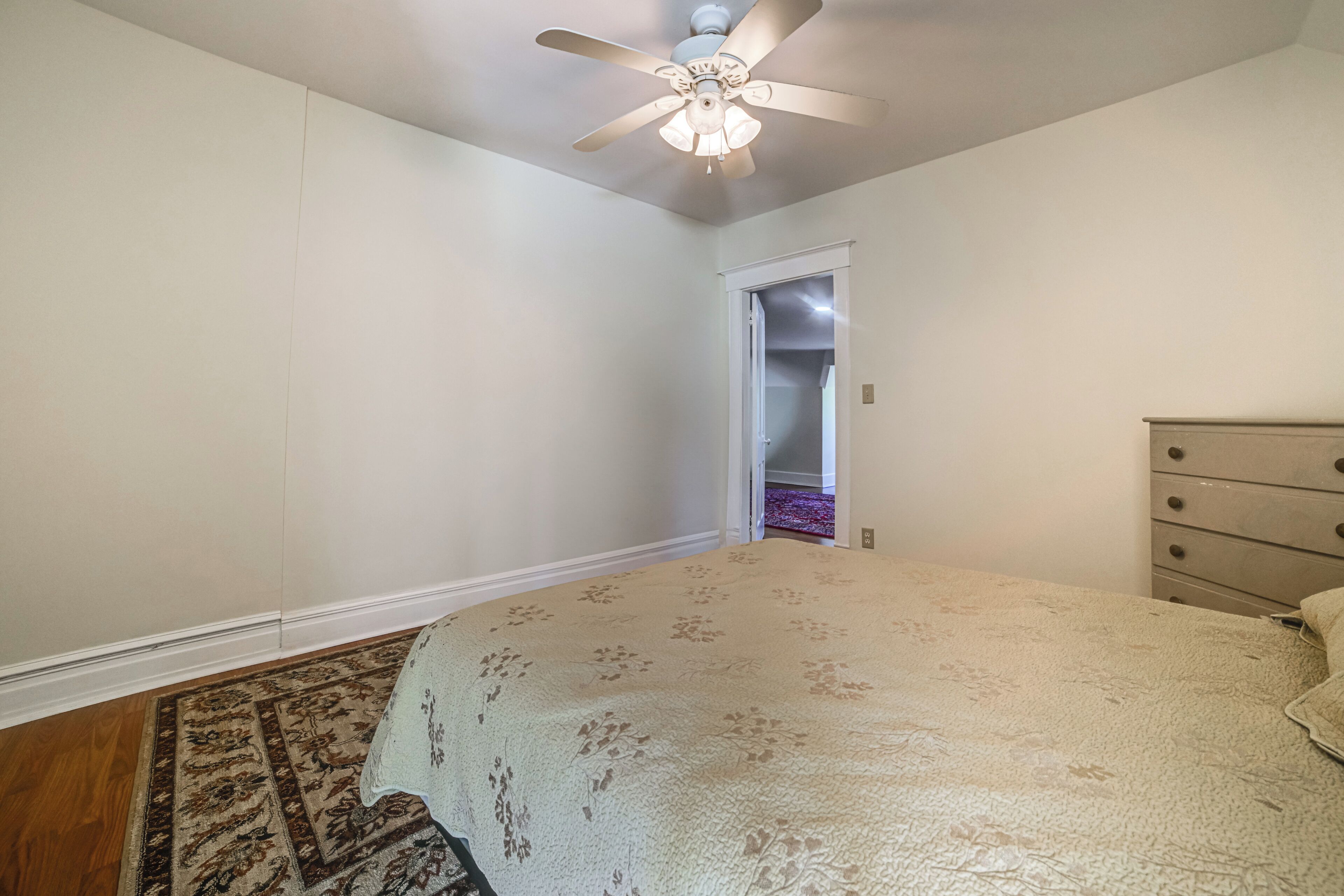 A bedroom with a bed, a ceiling fan, a door leading to a closet, and a patterned rug.