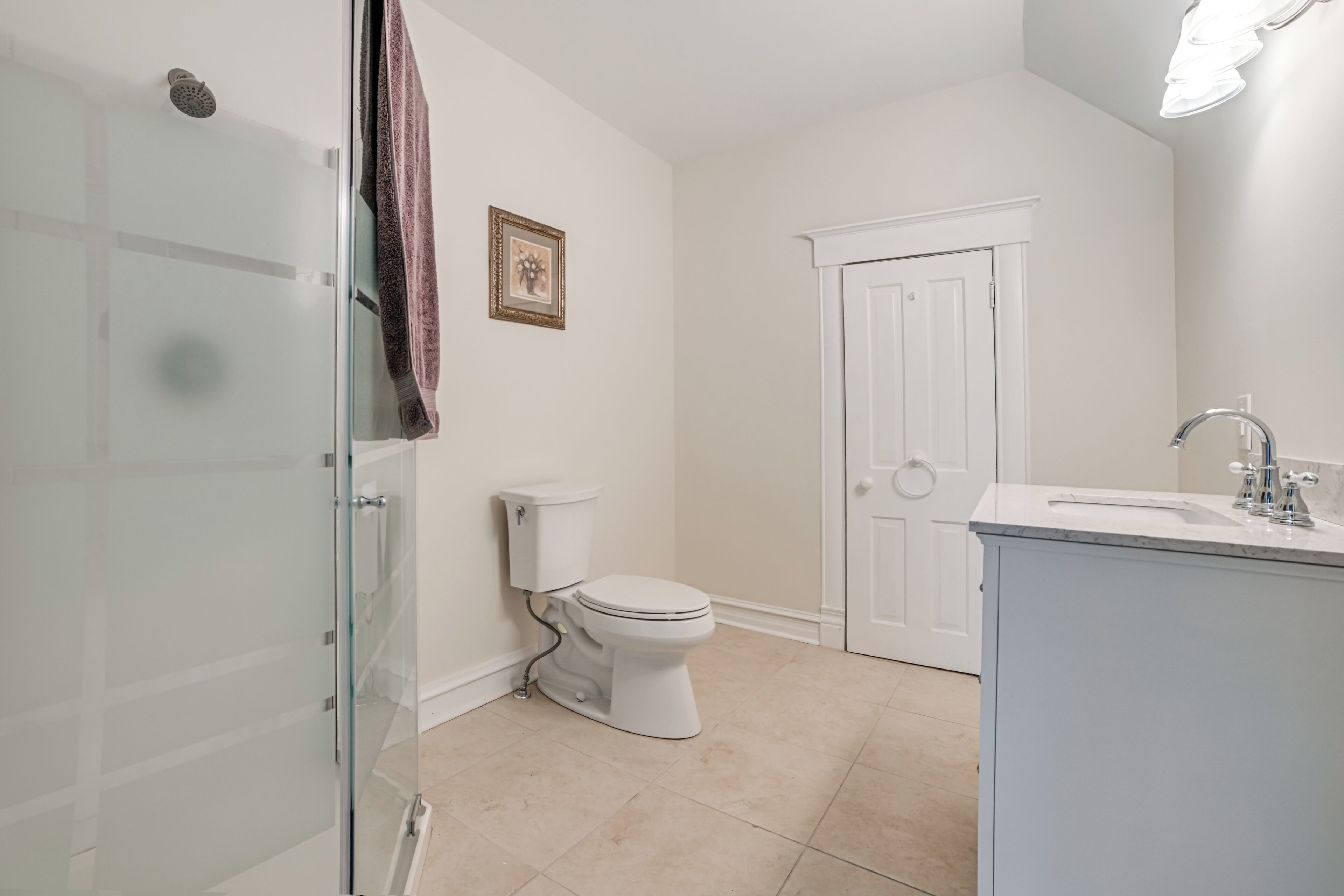 A bathroom with a glass shower enclosure, a toilet, a sink with a mirror, and a door.