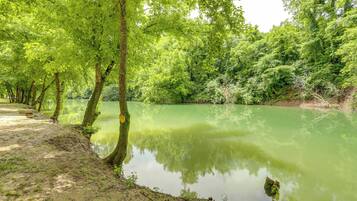 A serene riverside path with trees and a calm water body.
