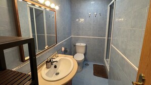 Baño con lavamanos, espejo, inodoro y ducha.