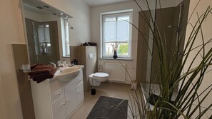 Shower, hair dryer, towels, soap