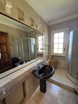 Shower, hair dryer, bidet, towels