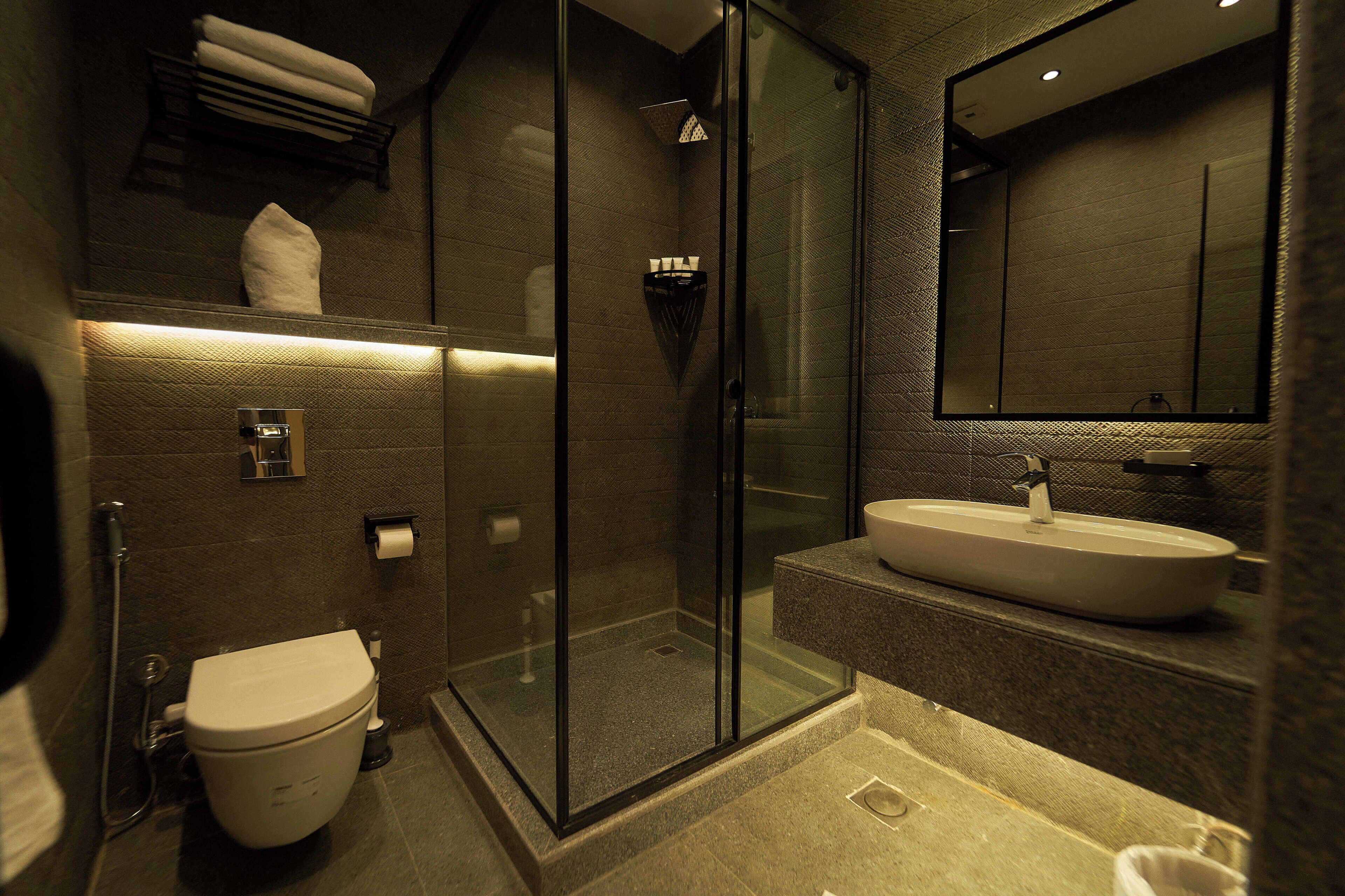 A modern bathroom with a glass-enclosed shower, a white sink, and a toilet.