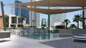 Outdoor pool, pool umbrellas, pool loungers