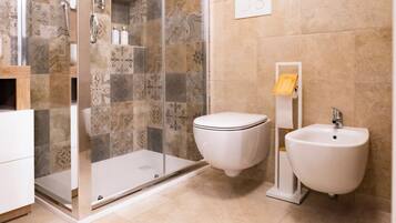 Shower, hair dryer, bidet, towels