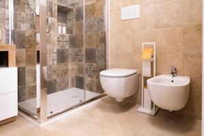 Shower, hair dryer, bidet, towels