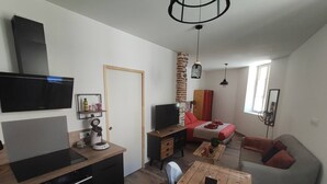 A compact living space with a kitchenette, a dining area, a sofa, and a TV.