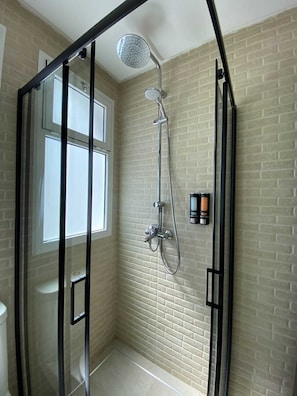Hair dryer, towels, soap, shampoo