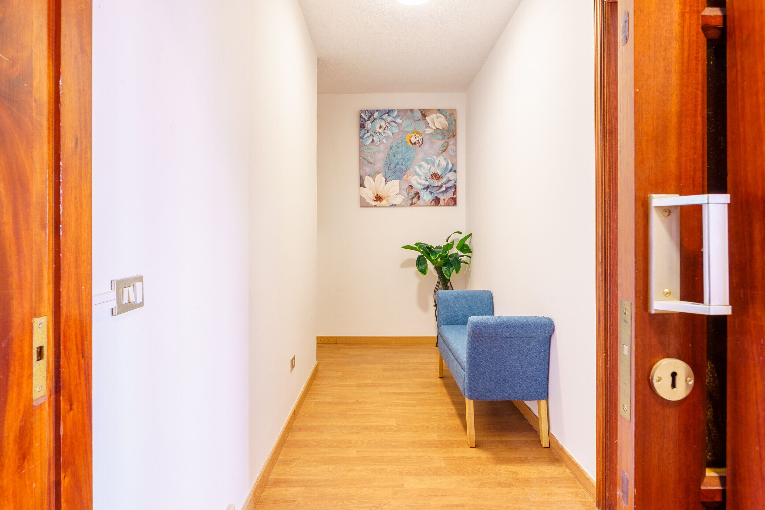 Un couloir avec un plancher en bois, une chaise bleue, une plante en pot et un tableau accroché au mur.
