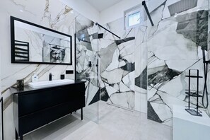 Shower, bidet, towels, shampoo