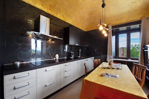 Fridge, oven, stovetop, electric kettle