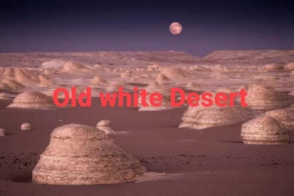 A desert landscape with prominent rock formations and a visible moon in the sky.