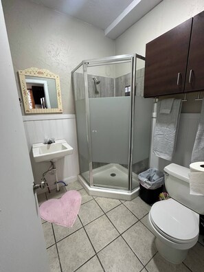 Shower, hair dryer, towels, soap