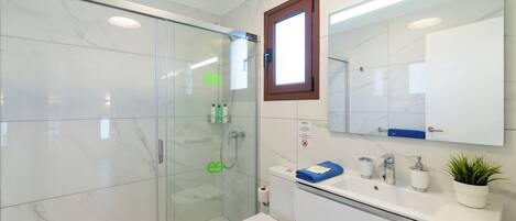 Une salle de bain moderne avec une douche à parois de verre, des toilettes, un lavabo avec un miroir et une petite plante en pot.