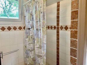 Shower, hair dryer, soap, toilet paper
