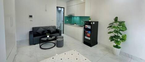 A modern living room with a sofa, coffee table, and a small plant.