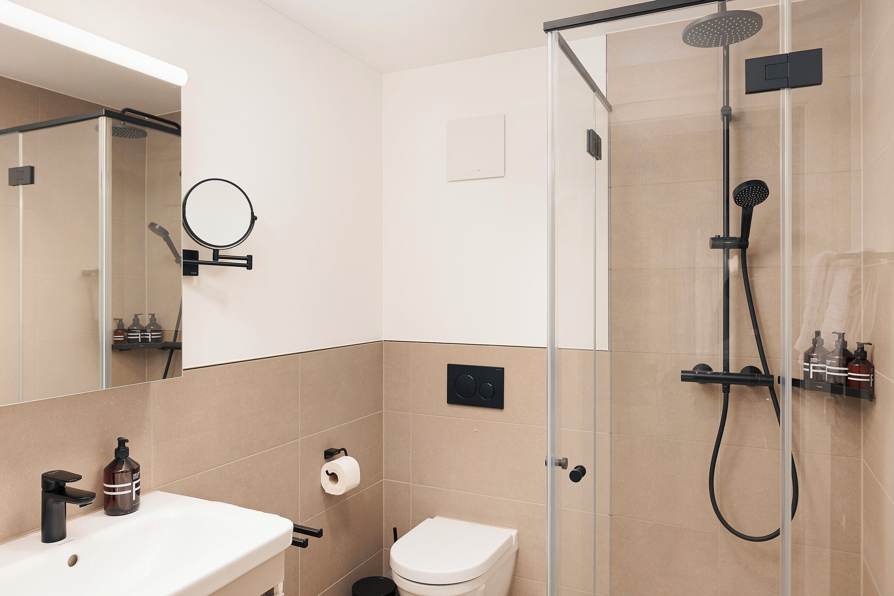 Un baño moderno con ducha envuelta en vidrio, un lavamanos blanco y un inodoro.