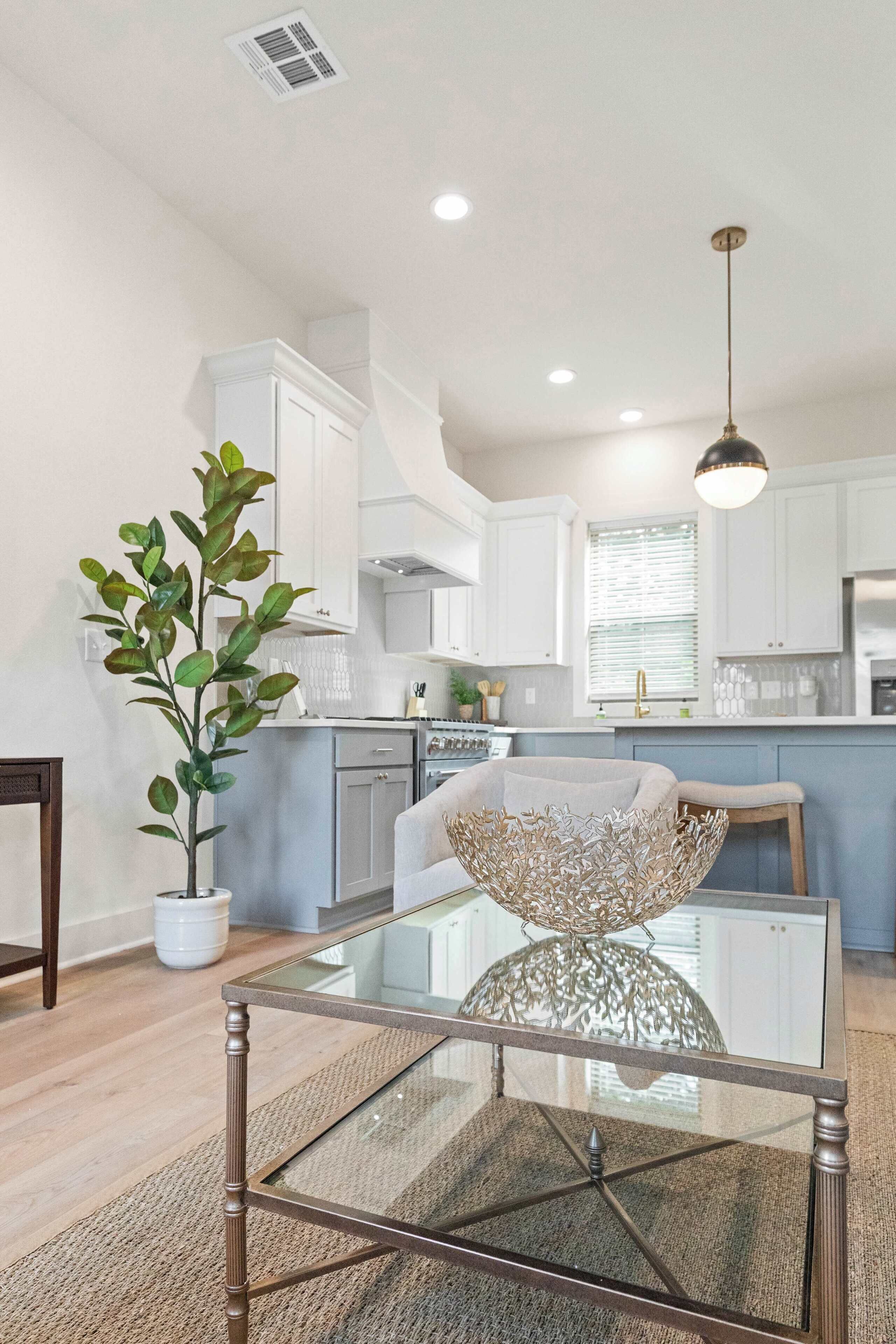 Una cocina moderna con armarios blancos, una mesa de comedor de vidrio y una planta en maceta.