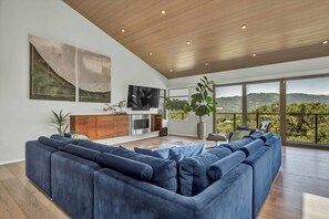 TV, fireplace, table football