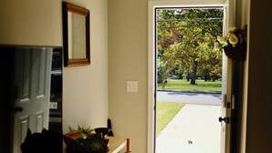 A hallway with a wooden dresser, a mirror, and a door leading outside.