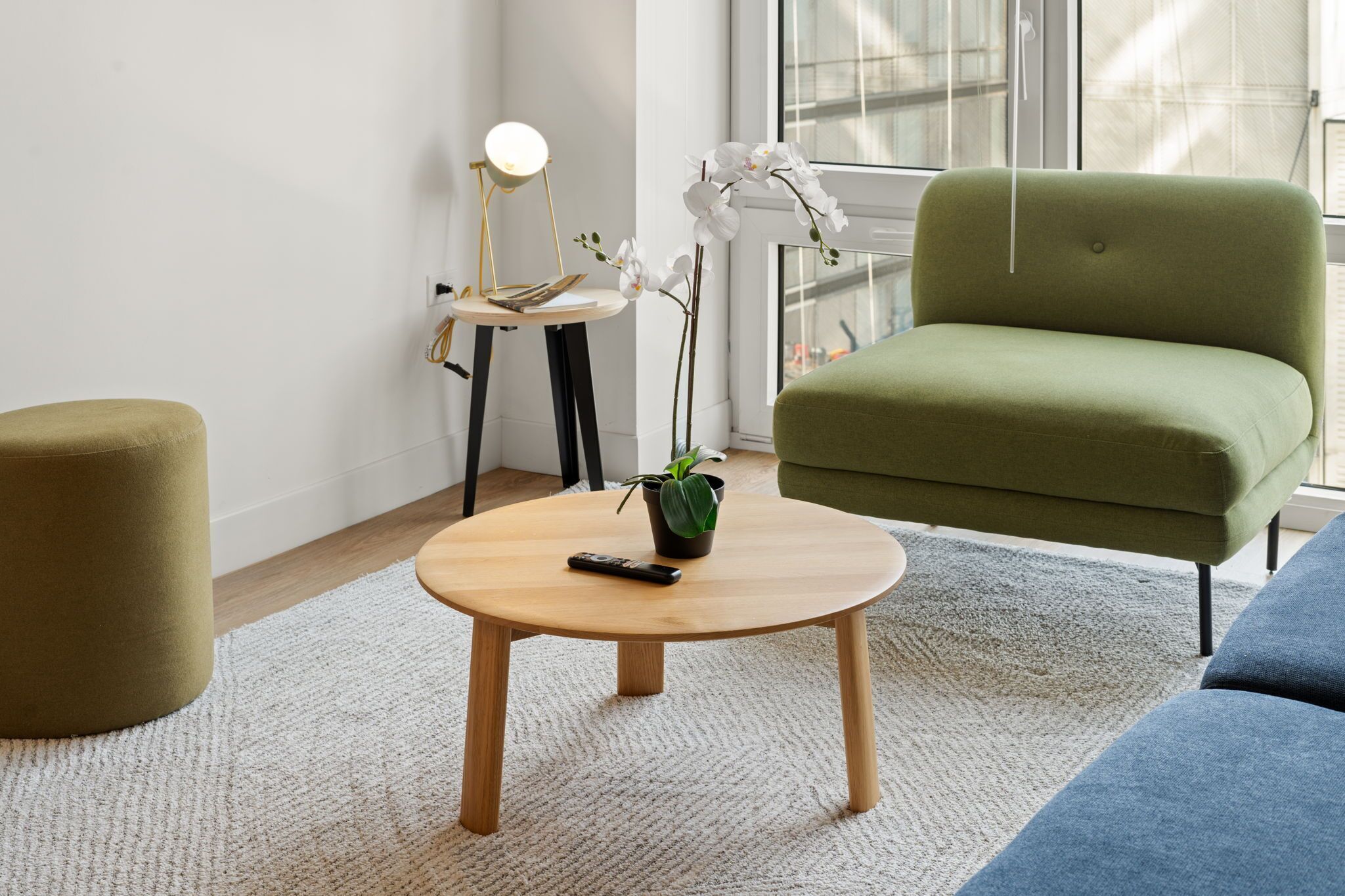 A modern living room with a green armchair, a round coffee table with a remote control, a small side table with a lamp, and a potted orchid.